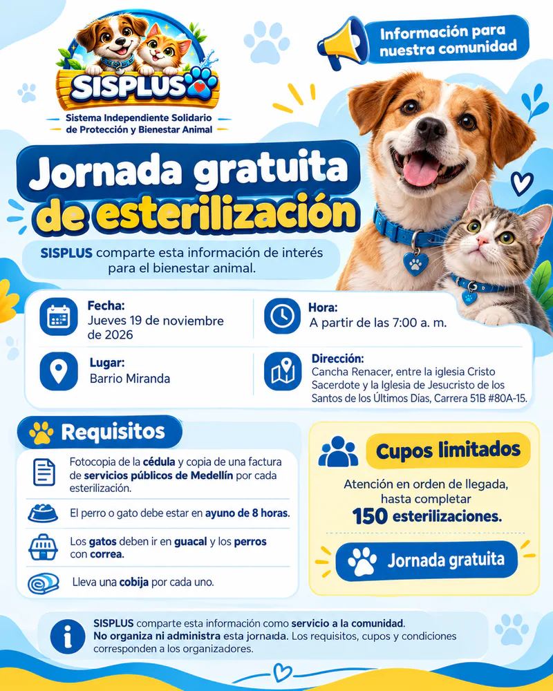 🐾 Jornada gratuita de esterilización en Medellín – 19 de noviembre